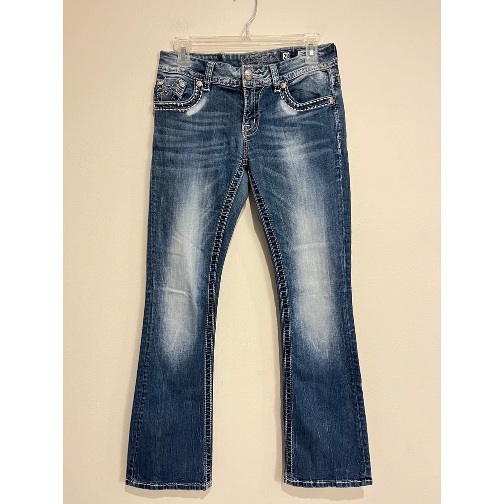 Miss Me Jeans Y2K Low Rise Boot Cut Embellished Rhinestones Thick Stitch Size 28
